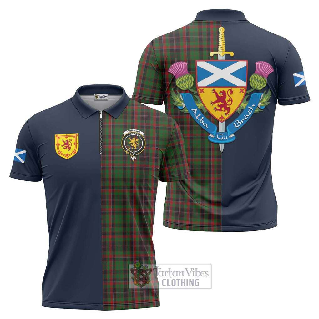 Tartan Vibes Clothing Cumming Hunting Tartan Zipper Polo Shirt with Scottish Lion Royal Arm Half Style