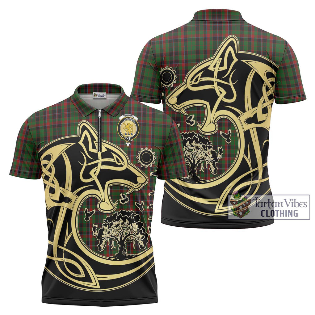 Cumming Hunting Tartan Zipper Polo Shirt with Family Crest Celtic Wolf Style Unisex - Tartanvibesclothing Shop