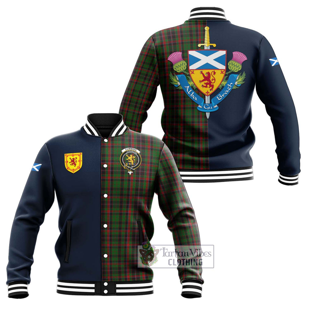 Tartan Vibes Clothing Cumming Hunting Tartan Baseball Jacket with Scottish Lion Royal Arm Half Style