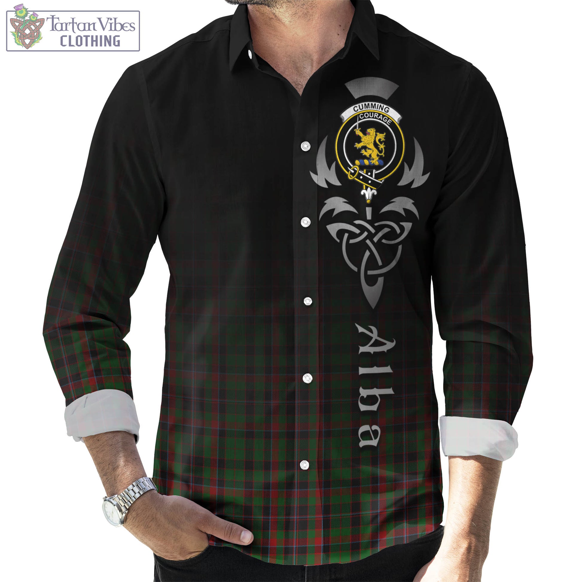 Tartan Vibes Clothing Cumming Hunting Tartan Long Sleeve Button Up Featuring Alba Gu Brath Family Crest Celtic Inspired