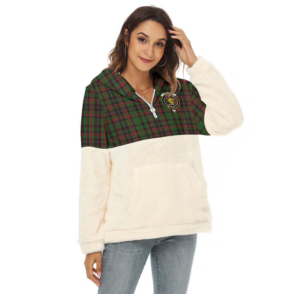 Cumming Hunting Tartan Women's Borg Fleece Hoodie With Half Zip with Family Crest Female - Tartan Vibes Clothing