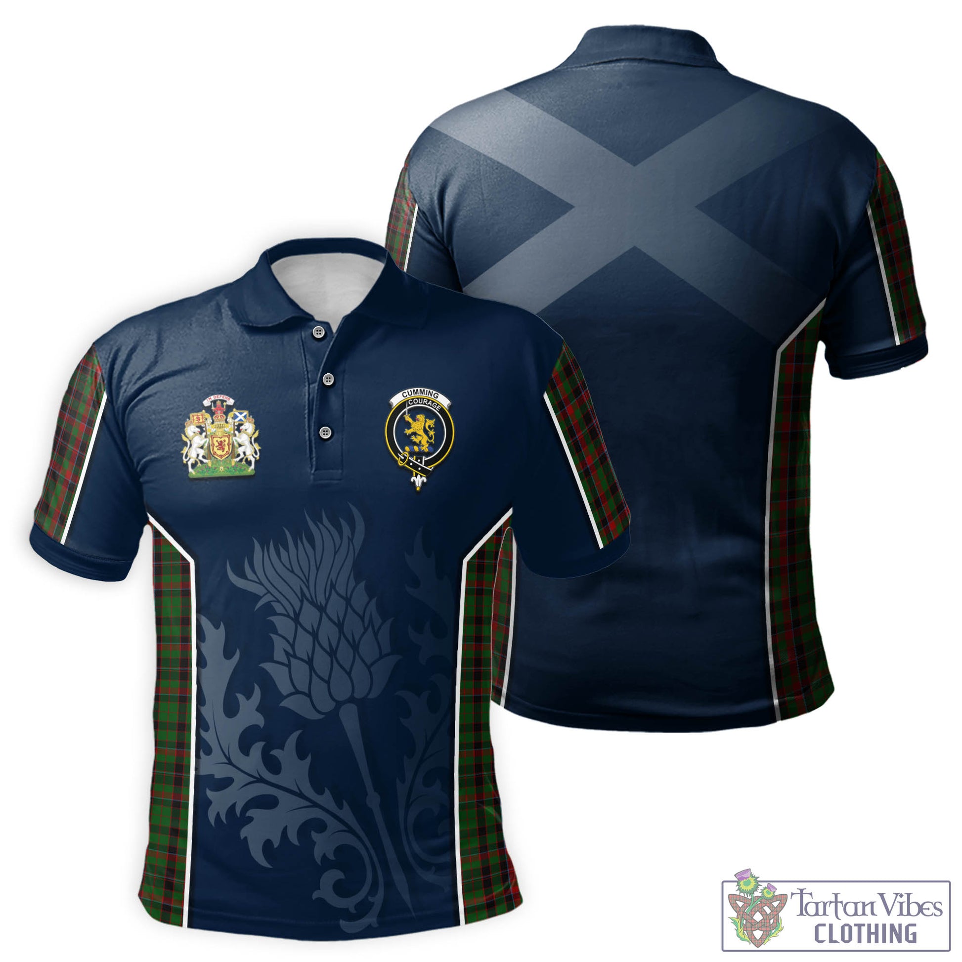 Tartan Vibes Clothing Cumming Hunting Tartan Men's Polo Shirt with Family Crest and Scottish Thistle Vibes Sport Style