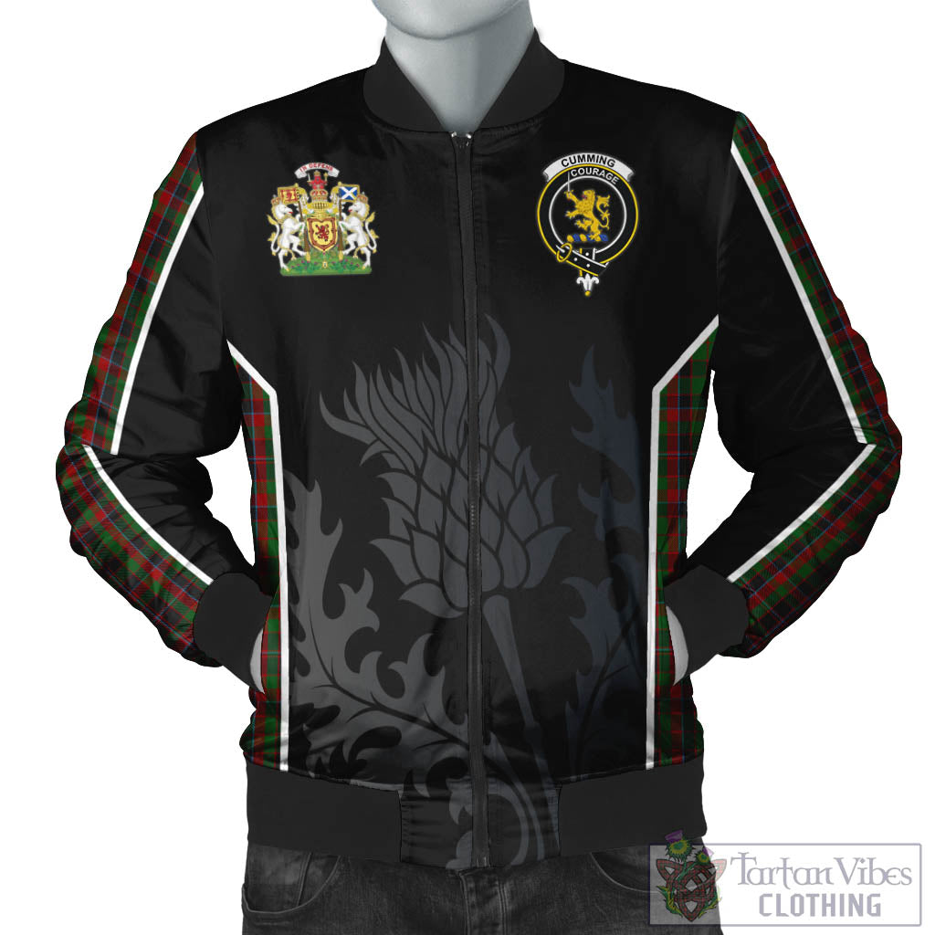 Tartan Vibes Clothing Cumming Hunting Tartan Bomber Jacket with Family Crest and Scottish Thistle Vibes Sport Style