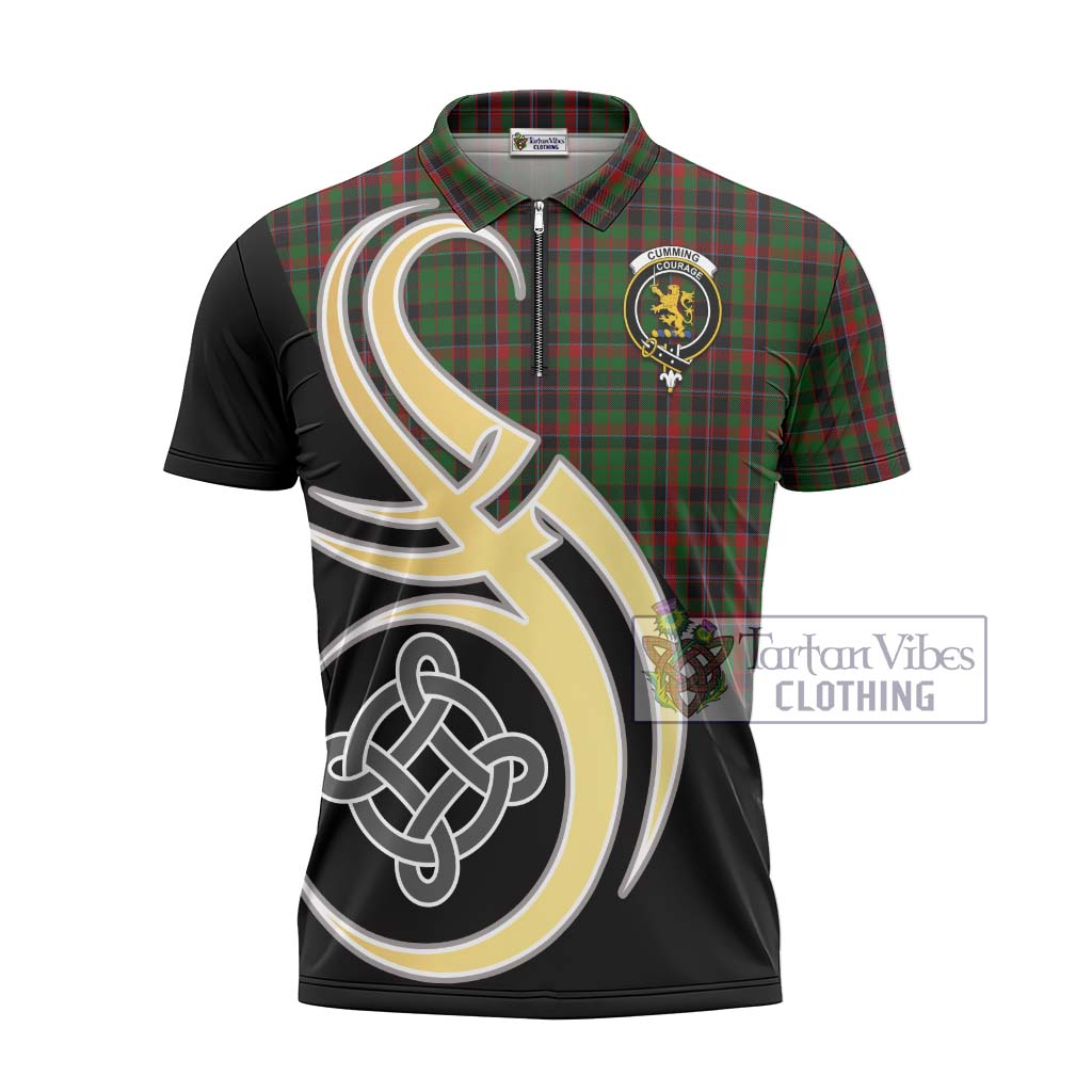 Tartan Vibes Clothing Cumming Hunting Tartan Zipper Polo Shirt with Family Crest and Celtic Symbol Style