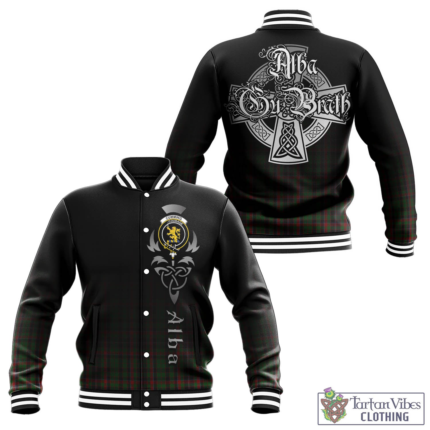 Tartan Vibes Clothing Cumming Hunting Tartan Baseball Jacket Featuring Alba Gu Brath Family Crest Celtic Inspired