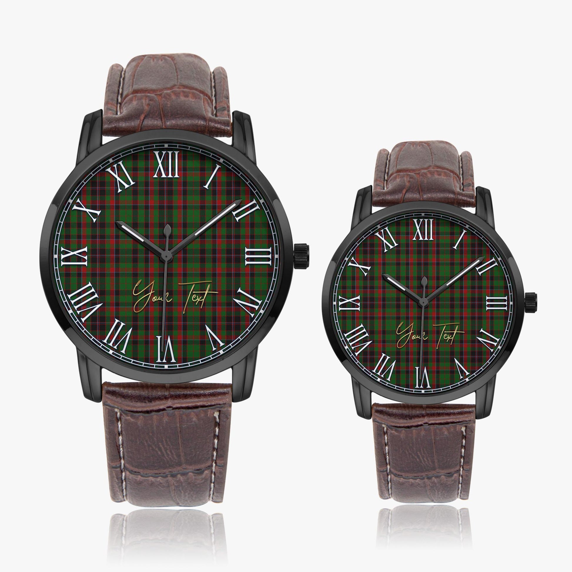 Cumming Hunting Tartan Personalized Your Text Leather Trap Quartz Watch Wide Type Black Case With Brown Leather Strap - Tartanvibesclothing