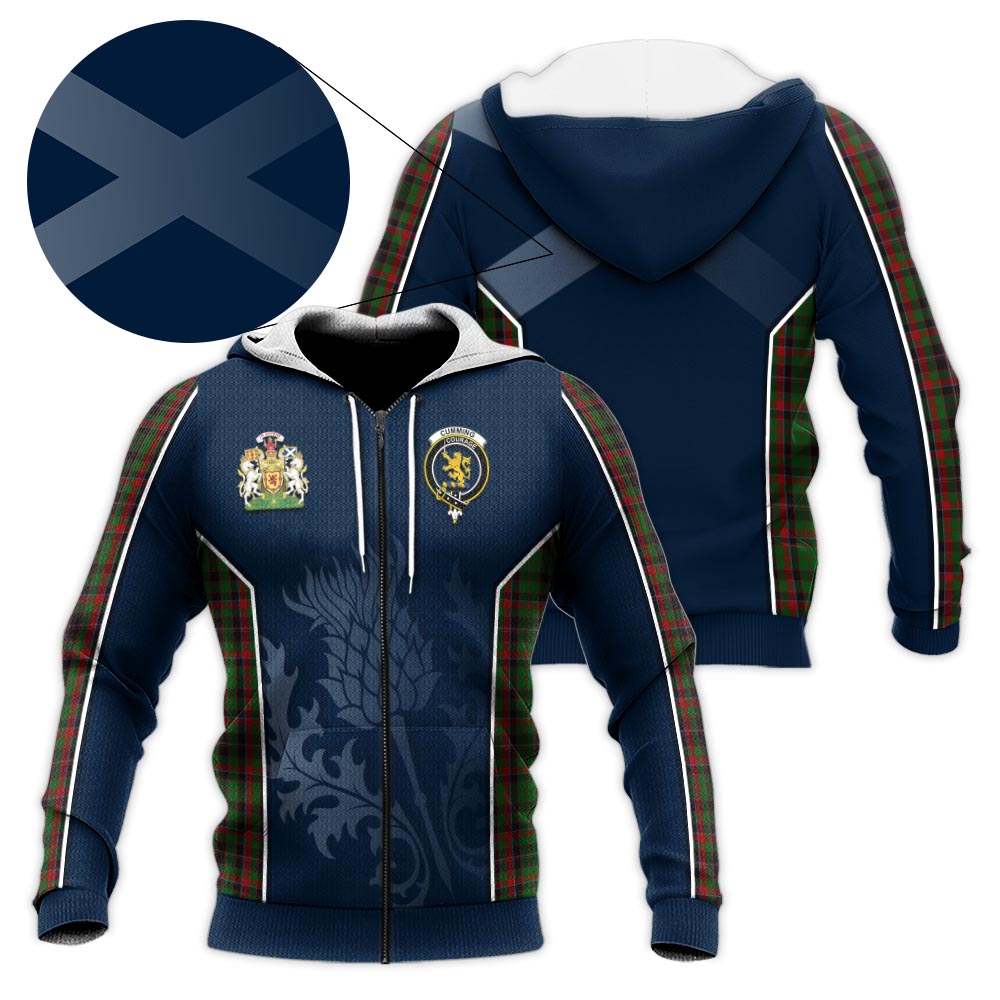 Tartan Vibes Clothing Cumming Hunting Tartan Knitted Hoodie with Family Crest and Scottish Thistle Vibes Sport Style