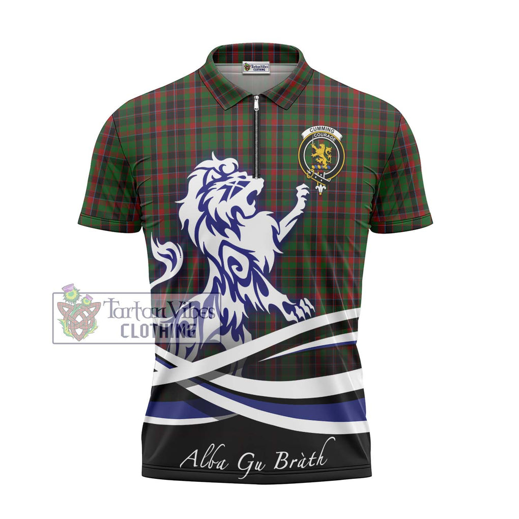 Cumming Hunting Tartan Zipper Polo Shirt with Alba Gu Brath Regal Lion Emblem - Tartanvibesclothing Shop