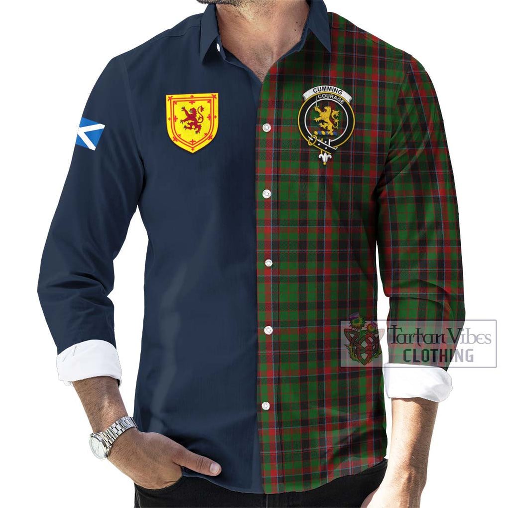 Tartan Vibes Clothing Cumming Hunting Tartan Long Sleeve Button Shirt with Scottish Lion Royal Arm Half Style