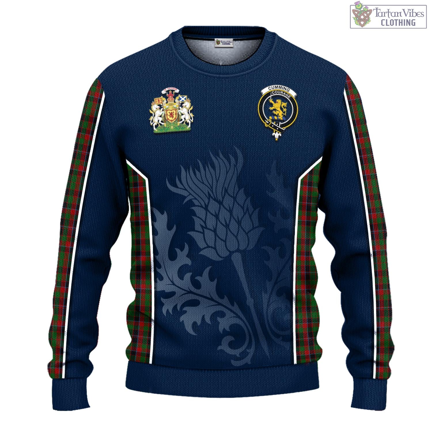 Tartan Vibes Clothing Cumming Hunting Tartan Knitted Sweatshirt with Family Crest and Scottish Thistle Vibes Sport Style