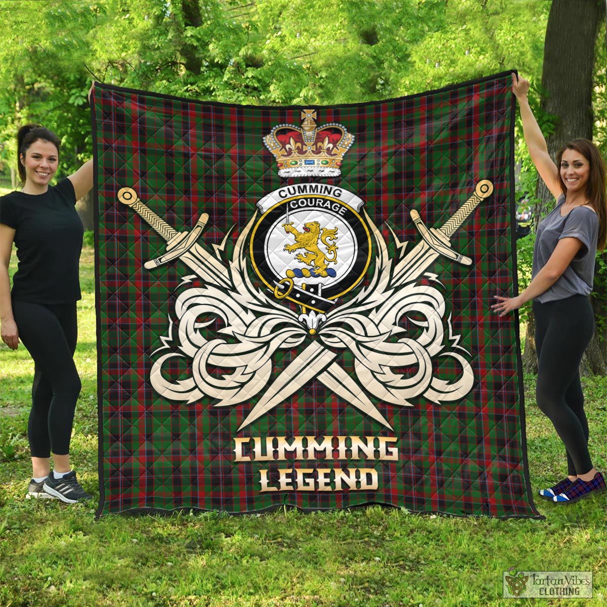 Tartan Vibes Clothing Cumming Hunting Tartan Quilt with Clan Crest and the Golden Sword of Courageous Legacy