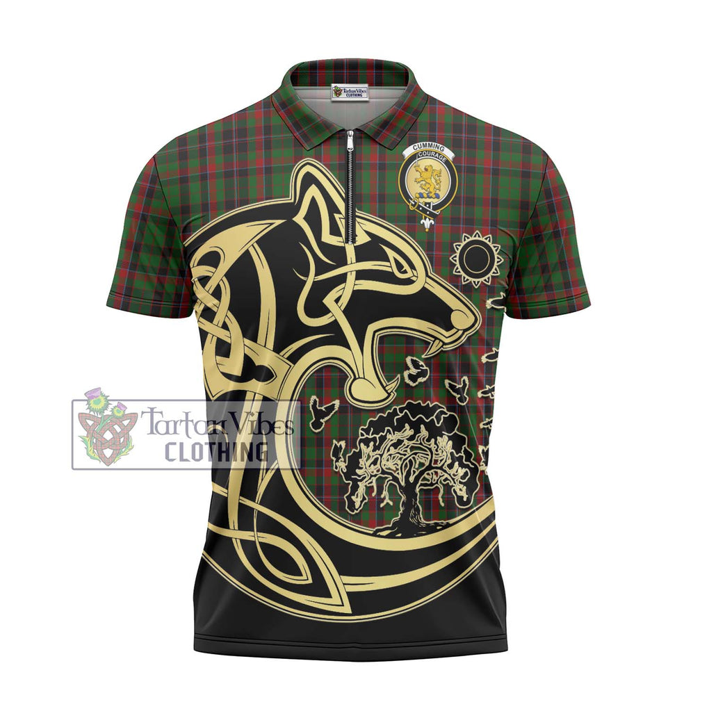 Cumming Hunting Tartan Zipper Polo Shirt with Family Crest Celtic Wolf Style - Tartanvibesclothing Shop