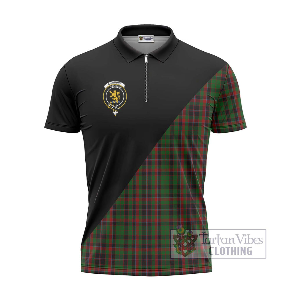 Cumming Hunting Tartan Zipper Polo Shirt with Family Crest and Military Logo Style - Tartanvibesclothing Shop