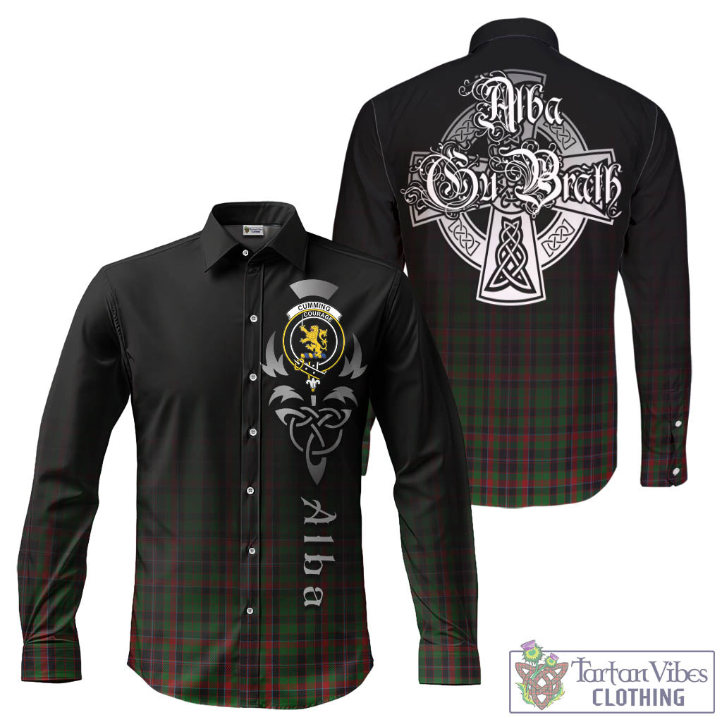 Tartan Vibes Clothing Cumming Hunting Tartan Long Sleeve Button Up Featuring Alba Gu Brath Family Crest Celtic Inspired