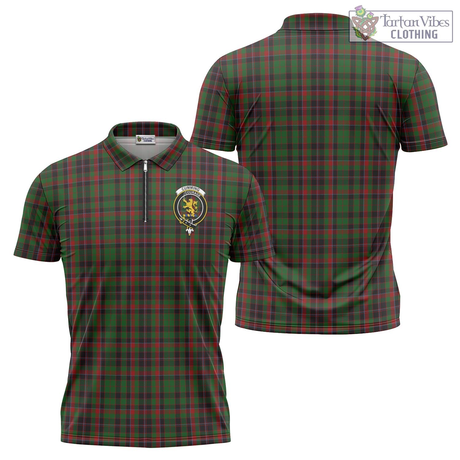 Tartan Vibes Clothing Cumming Hunting Tartan Zipper Polo Shirt with Family Crest