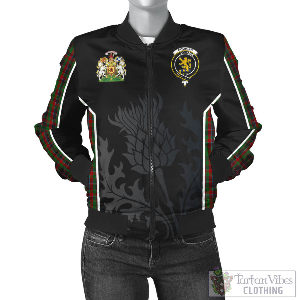 Tartan Vibes Clothing Cumming Hunting Tartan Bomber Jacket with Family Crest and Scottish Thistle Vibes Sport Style