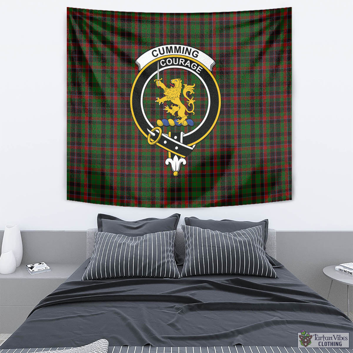 Tartan Vibes Clothing Cumming Hunting Tartan Tapestry Wall Hanging and Home Decor for Room with Family Crest