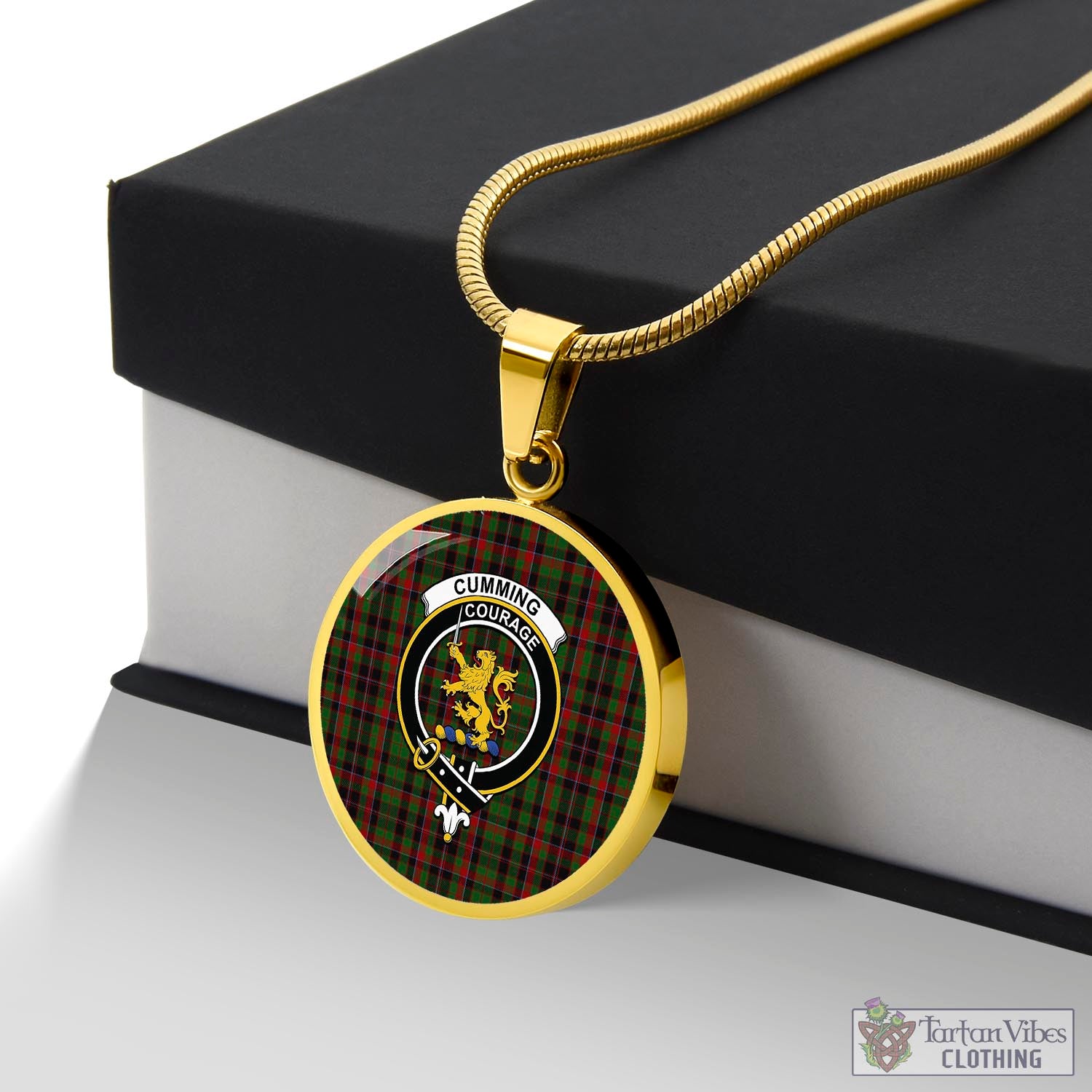 Tartan Vibes Clothing Cumming Hunting Tartan Circle Necklace with Family Crest