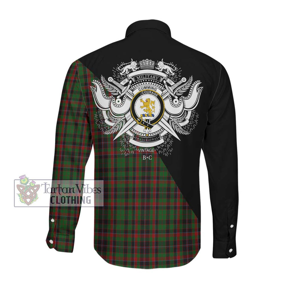 Cumming Hunting Tartan Long Sleeve Button Shirt with Family Crest and Military Logo Style Men's Shirt - Tartanvibesclothing Shop