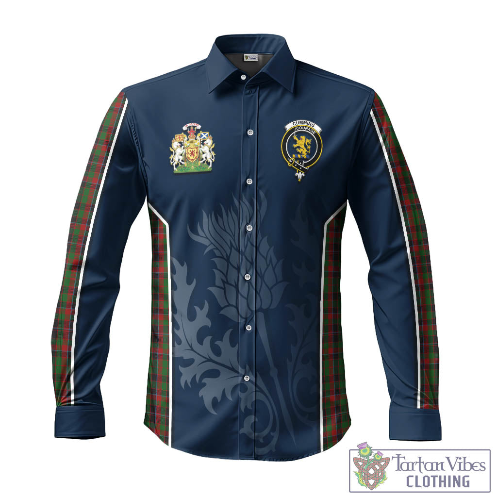 Tartan Vibes Clothing Cumming Hunting Tartan Long Sleeve Button Up Shirt with Family Crest and Scottish Thistle Vibes Sport Style