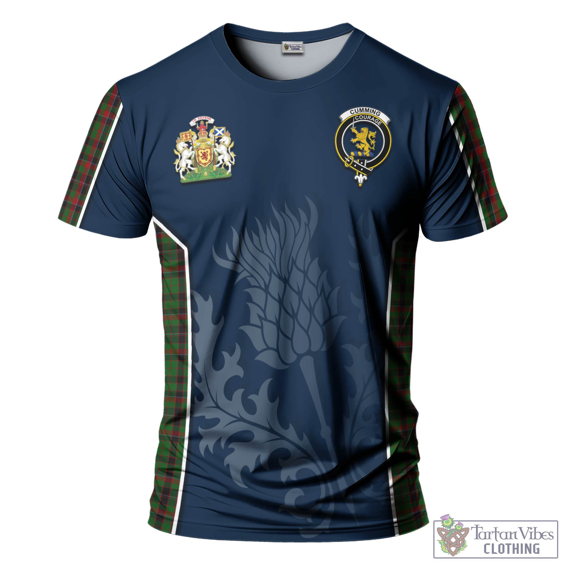 Tartan Vibes Clothing Cumming Hunting Tartan T-Shirt with Family Crest and Scottish Thistle Vibes Sport Style