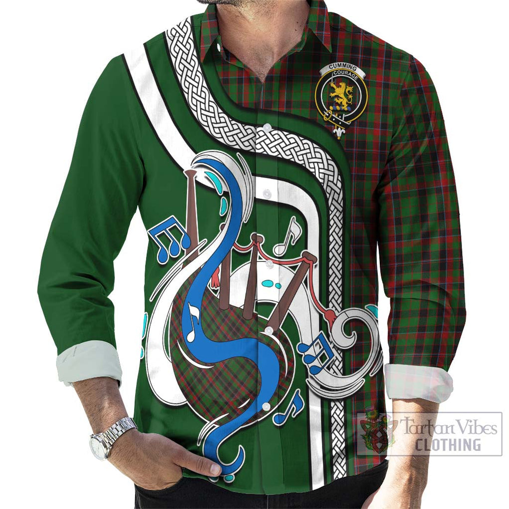 Cumming Hunting Tartan Long Sleeve Button Shirt with Epic Bagpipe Style - Tartanvibesclothing Shop