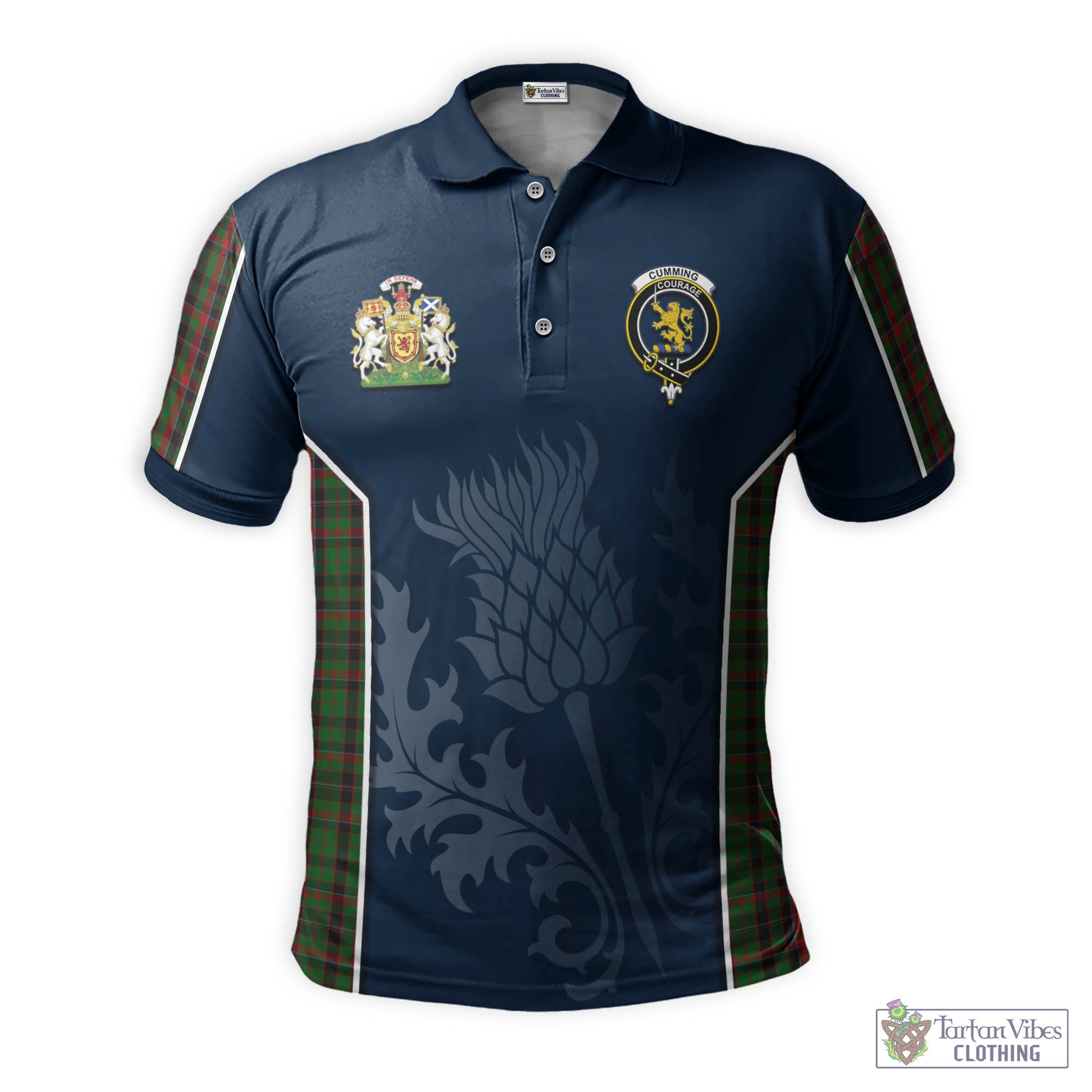 Tartan Vibes Clothing Cumming Hunting Tartan Men's Polo Shirt with Family Crest and Scottish Thistle Vibes Sport Style