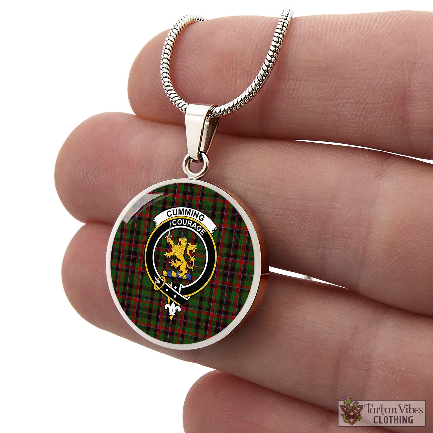 Tartan Vibes Clothing Cumming Hunting Tartan Circle Necklace with Family Crest