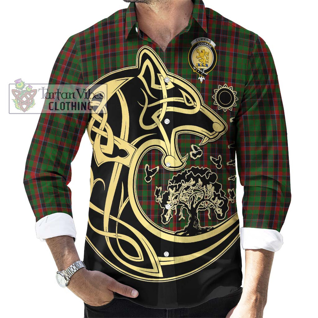 Cumming Hunting Tartan Long Sleeve Button Shirt with Family Crest Celtic Wolf Style - Tartan Vibes Clothing