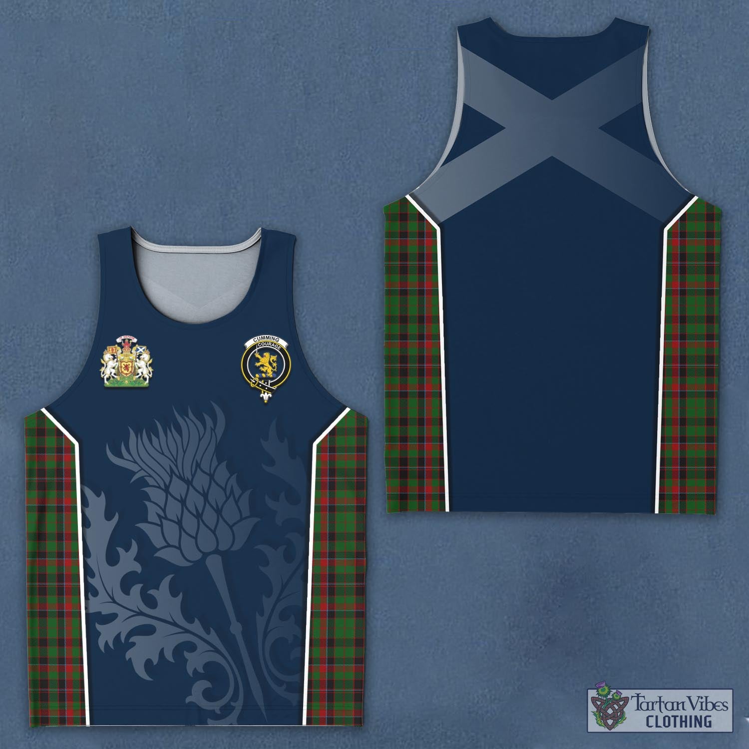 Tartan Vibes Clothing Cumming Hunting Tartan Men's Tanks Top with Family Crest and Scottish Thistle Vibes Sport Style