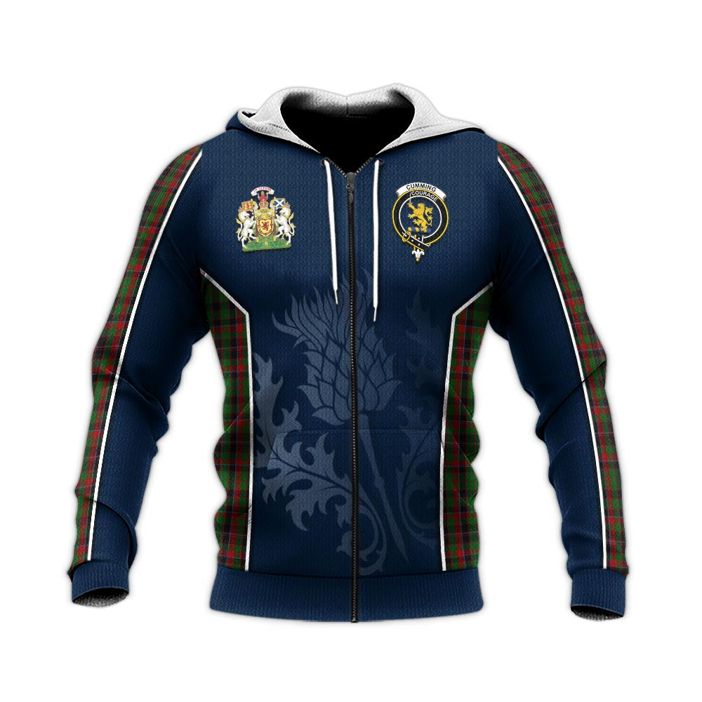 Tartan Vibes Clothing Cumming Hunting Tartan Knitted Hoodie with Family Crest and Scottish Thistle Vibes Sport Style