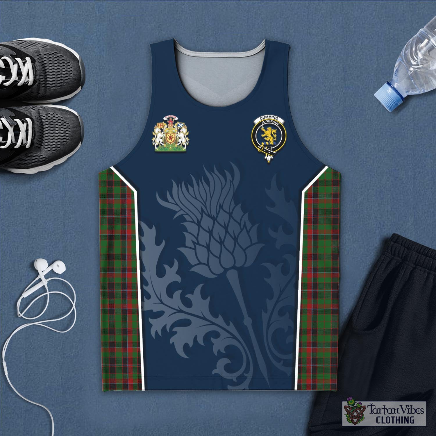 Tartan Vibes Clothing Cumming Hunting Tartan Men's Tanks Top with Family Crest and Scottish Thistle Vibes Sport Style