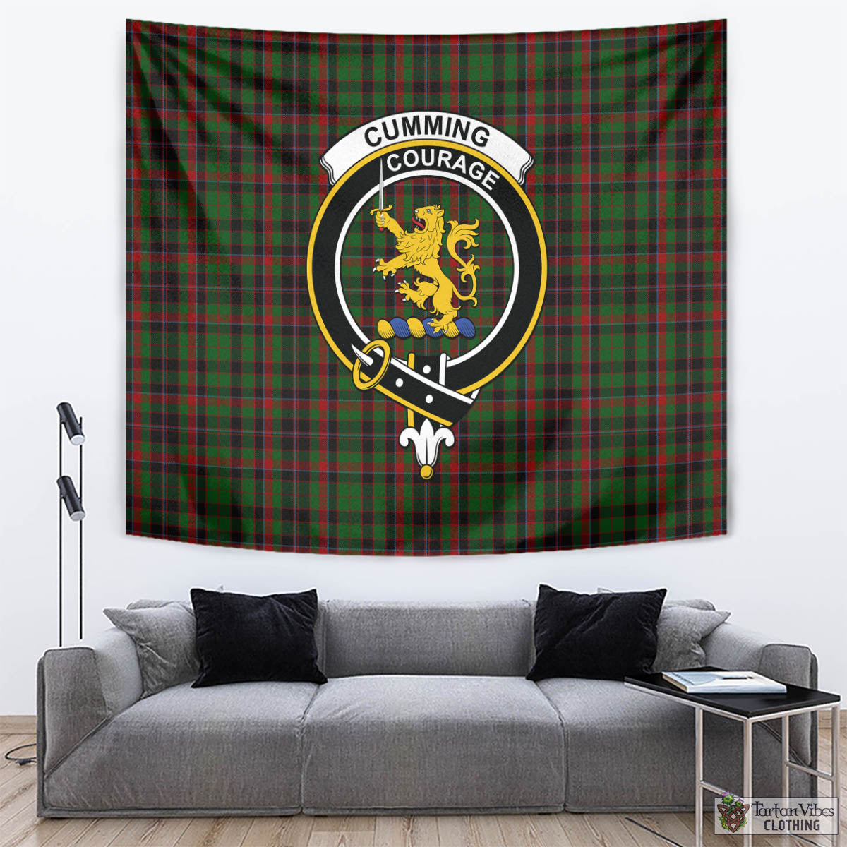 Tartan Vibes Clothing Cumming Hunting Tartan Tapestry Wall Hanging and Home Decor for Room with Family Crest