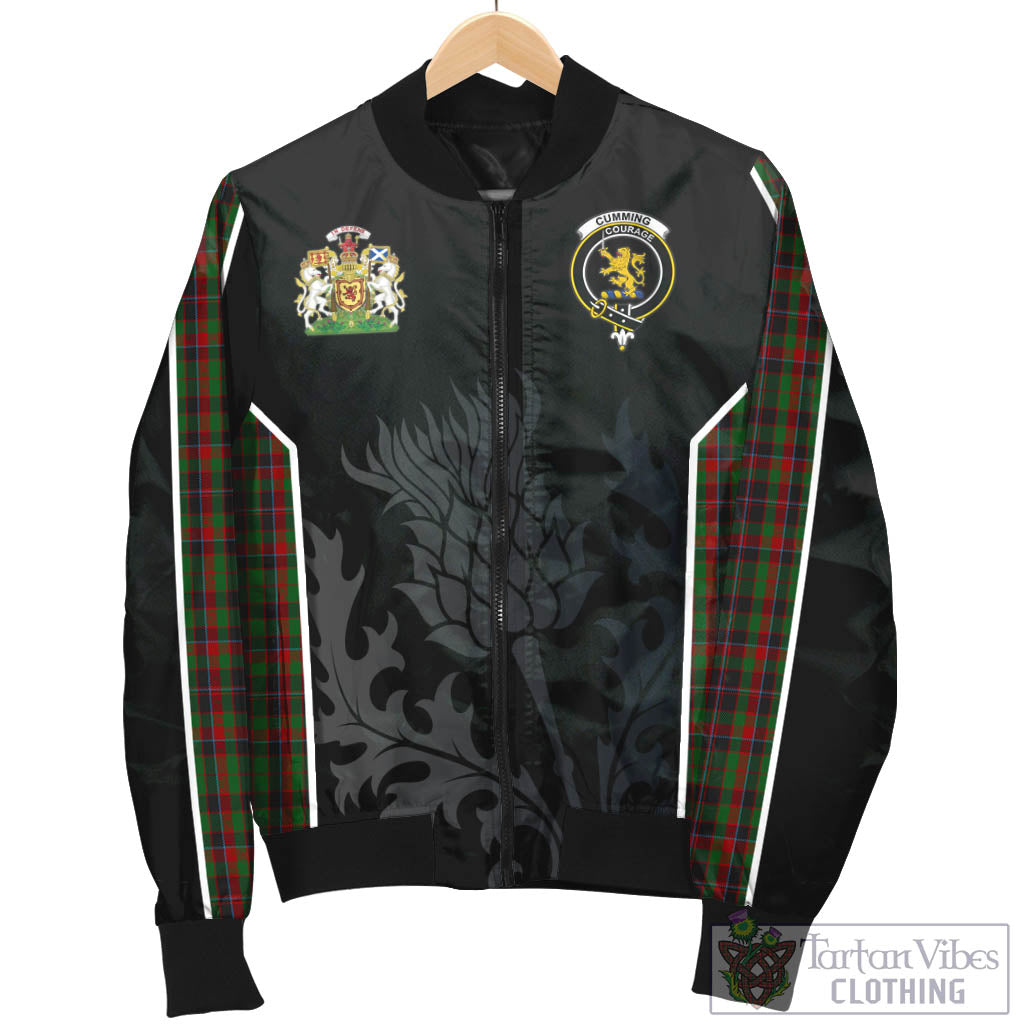 Tartan Vibes Clothing Cumming Hunting Tartan Bomber Jacket with Family Crest and Scottish Thistle Vibes Sport Style