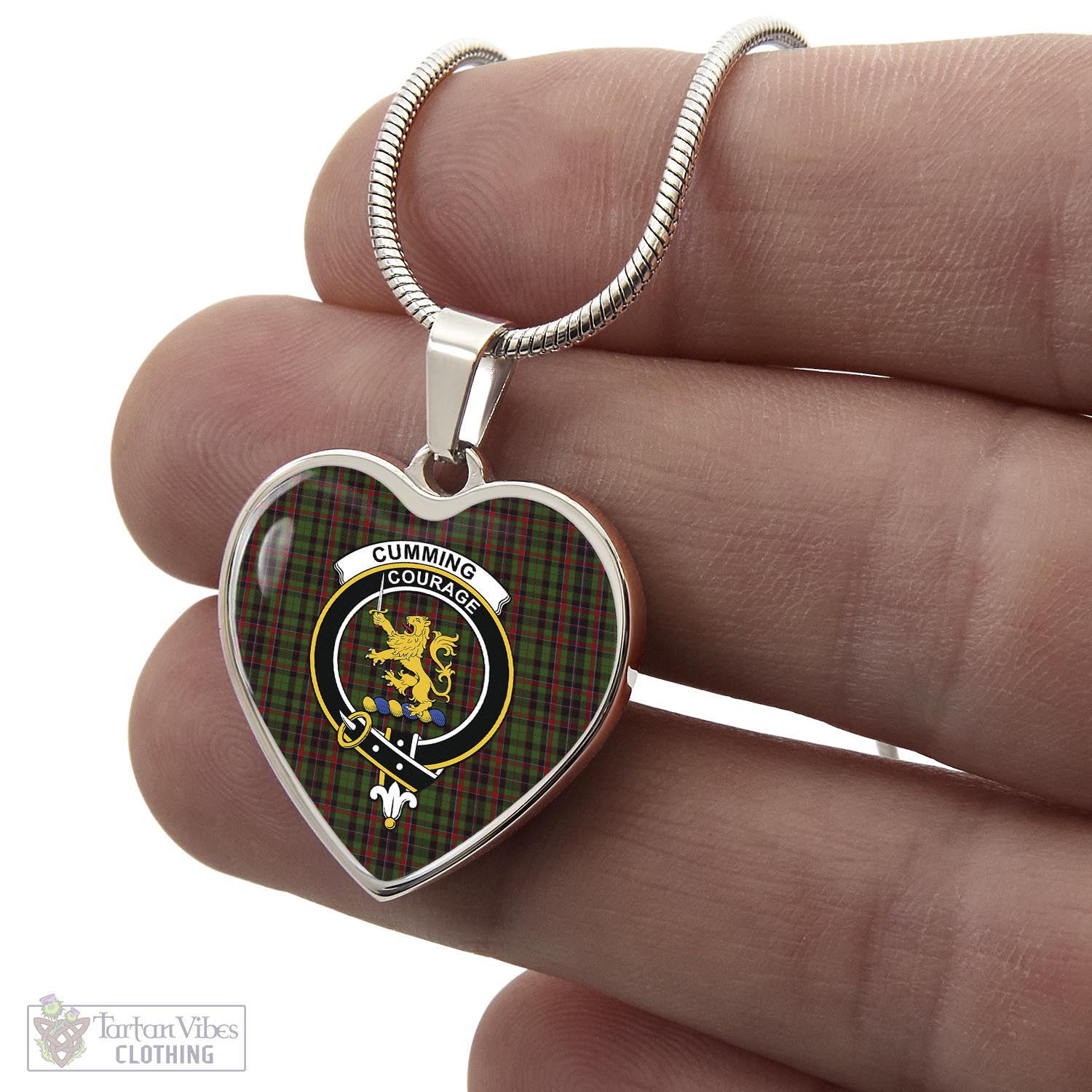 Tartan Vibes Clothing Cumming Hunting Tartan Heart Necklace with Family Crest