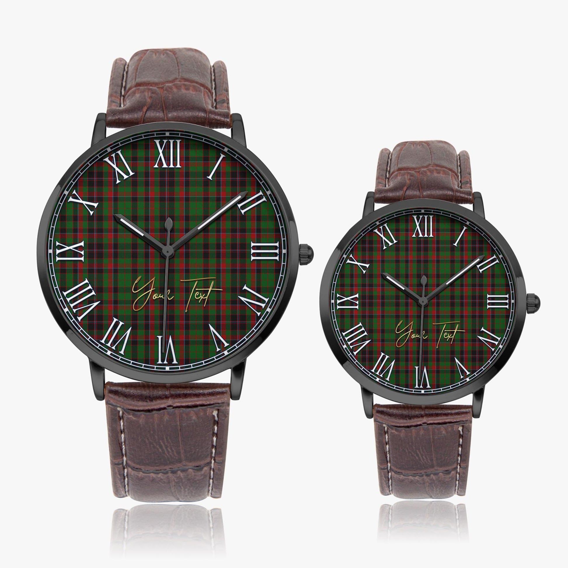 Cumming Hunting Tartan Personalized Your Text Leather Trap Quartz Watch Ultra Thin Black Case With Brown Leather Strap - Tartanvibesclothing