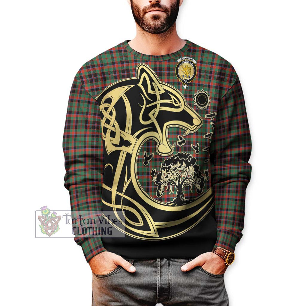 Cumming Hunting Ancient Tartan Sweatshirt with Family Crest Celtic Wolf Style Unisex - Tartan Vibes Clothing