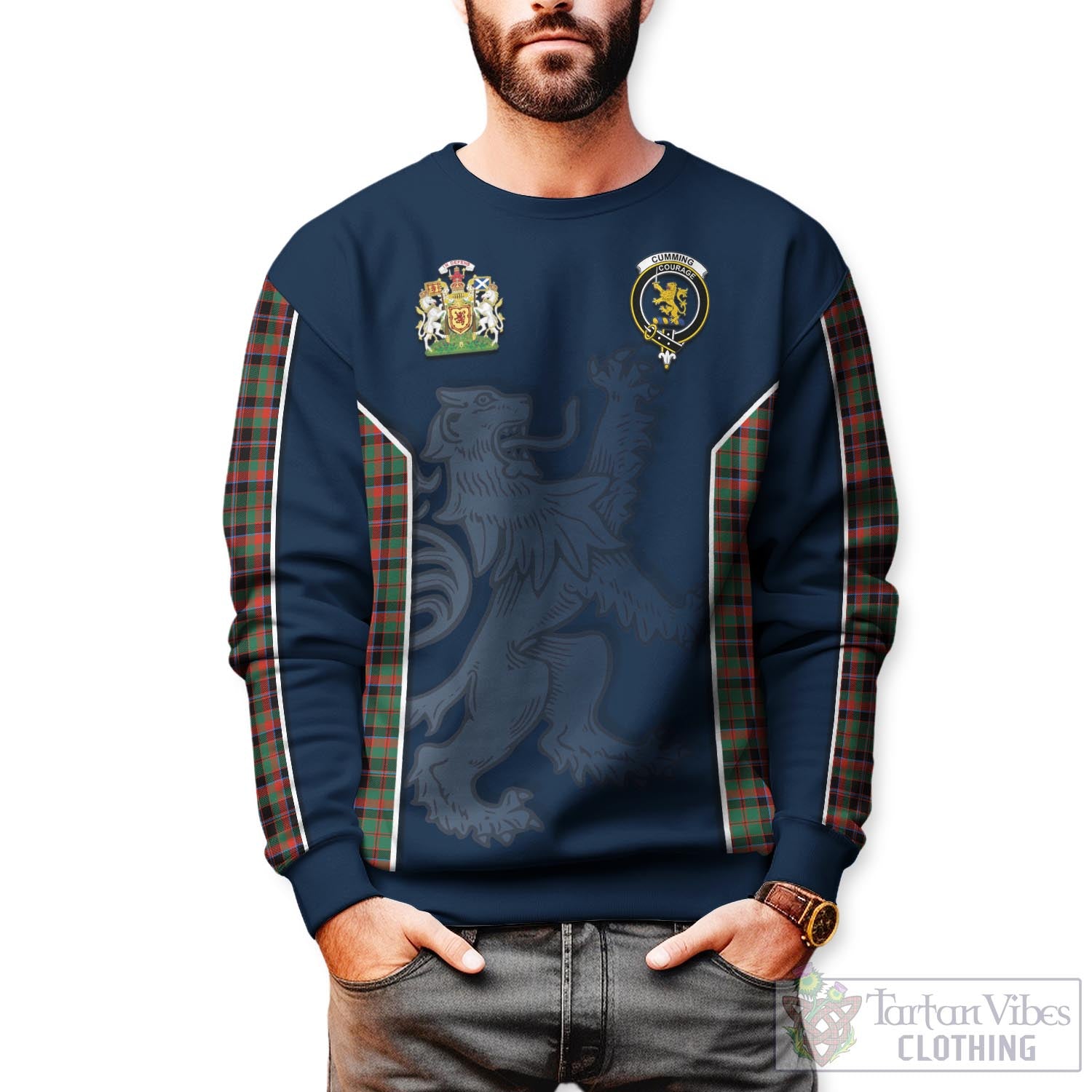 Tartan Vibes Clothing Cumming Hunting Ancient Tartan Sweater with Family Crest and Lion Rampant Vibes Sport Style