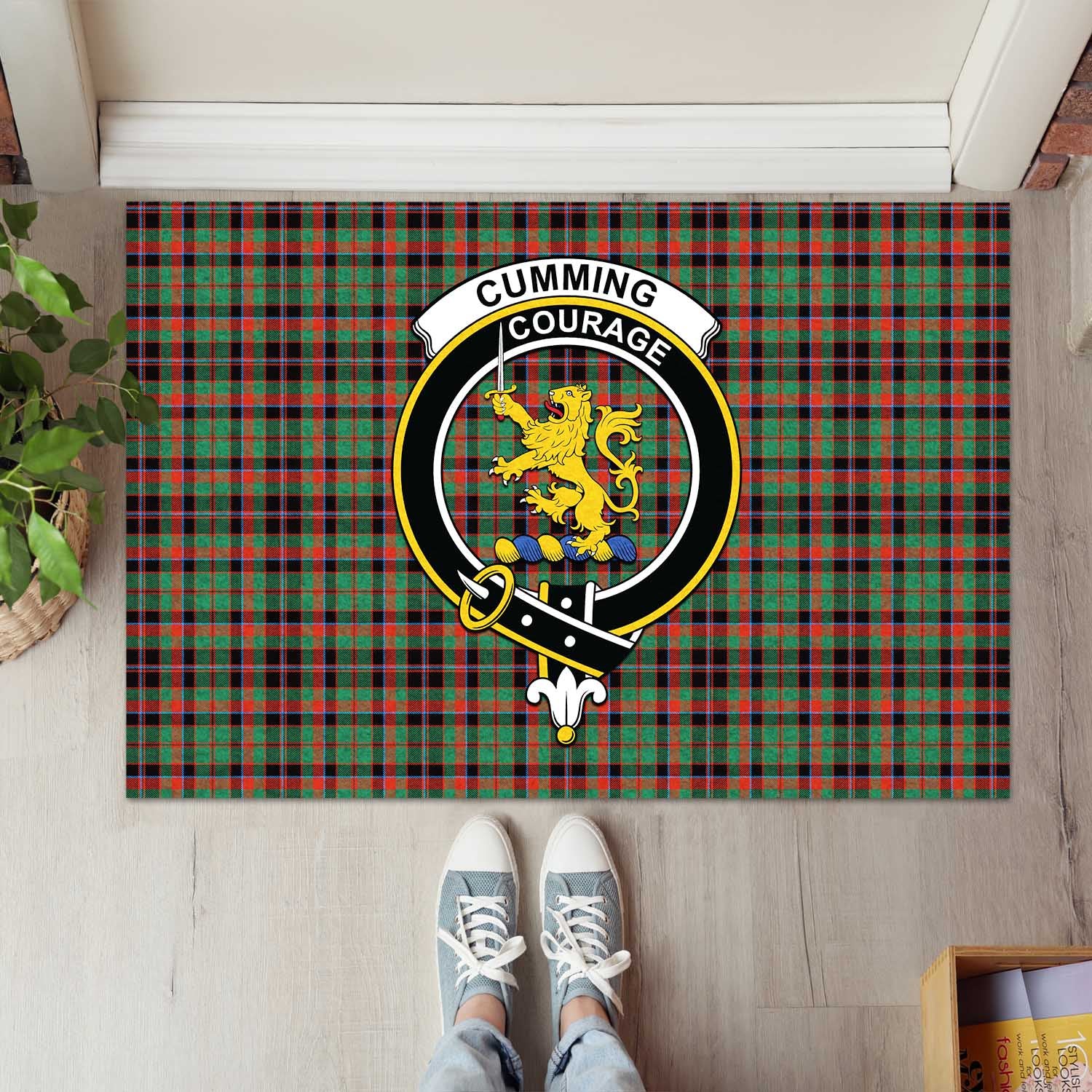 Cumming Hunting Ancient Tartan Door Mat with Family Crest - Tartanvibesclothing