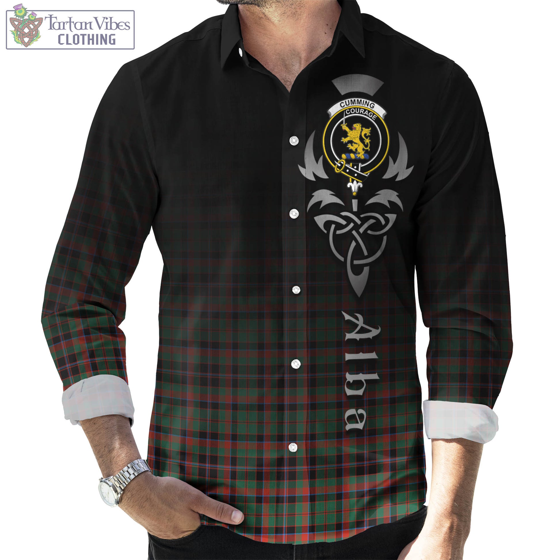 Tartan Vibes Clothing Cumming Hunting Ancient Tartan Long Sleeve Button Up Featuring Alba Gu Brath Family Crest Celtic Inspired