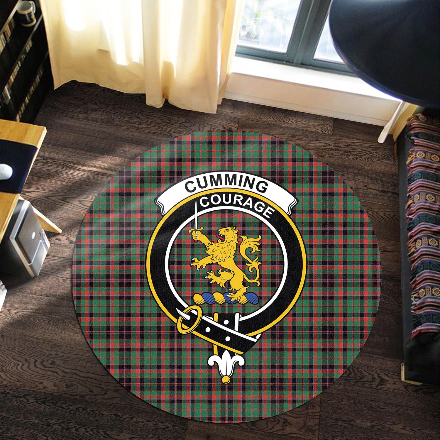 Cumming Hunting Ancient Tartan Round Rug with Family Crest - Tartanvibesclothing