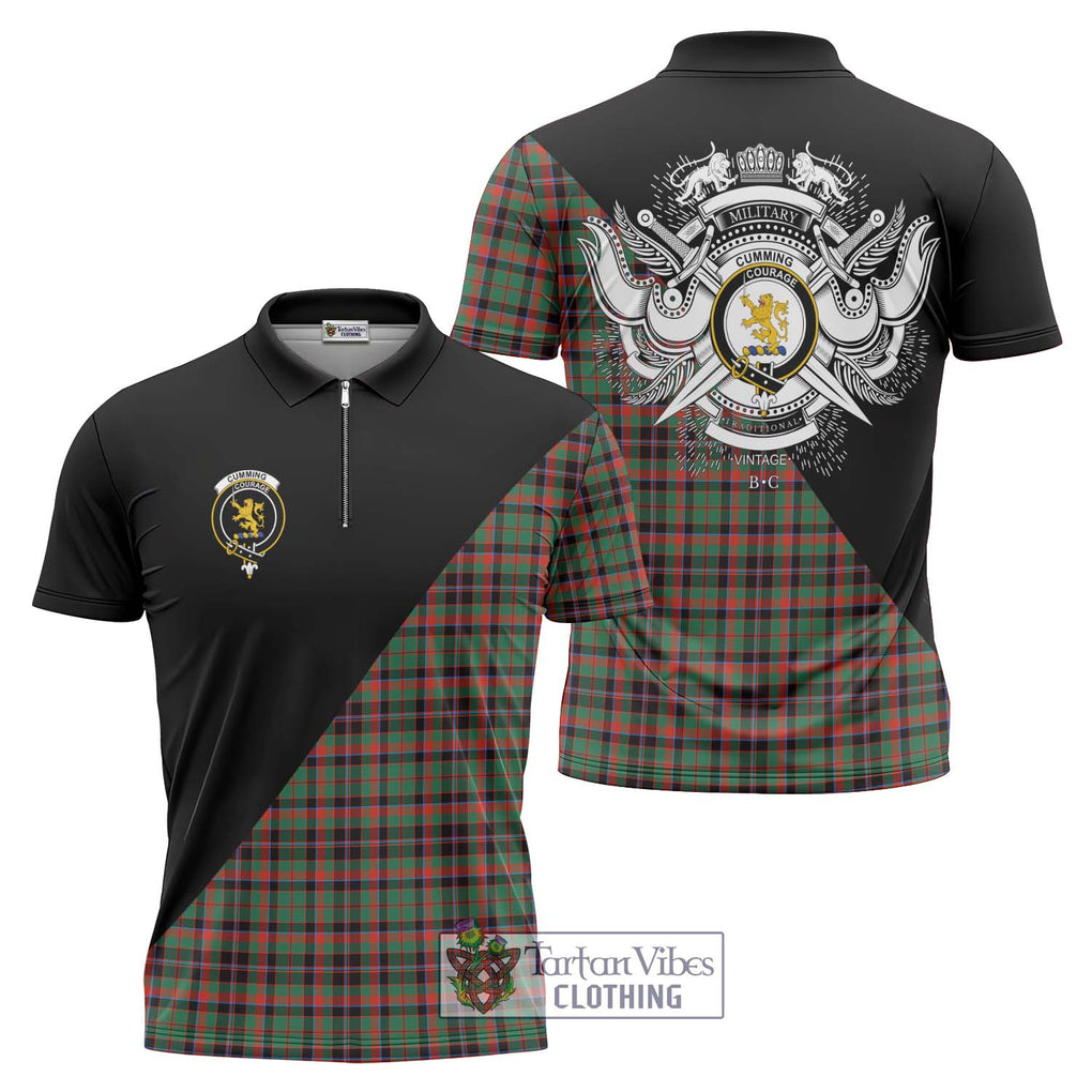 Cumming Hunting Ancient Tartan Zipper Polo Shirt with Family Crest and Military Logo Style Unisex - Tartanvibesclothing Shop