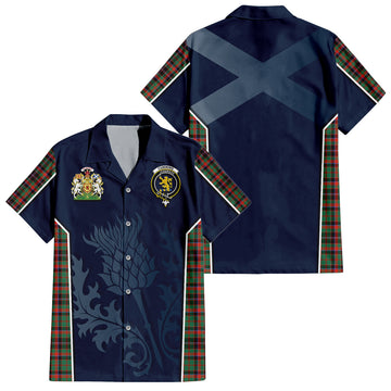 Cumming Hunting Ancient Tartan Short Sleeve Button Up Shirt with Family Crest and Scottish Thistle Vibes Sport Style