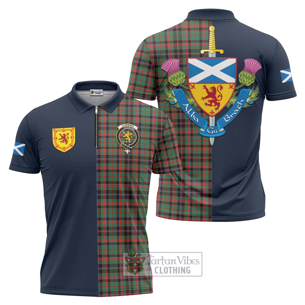 Tartan Vibes Clothing Cumming Hunting Ancient Tartan Zipper Polo Shirt with Scottish Lion Royal Arm Half Style