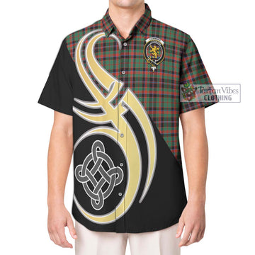 Cumming Hunting Ancient Tartan Short Sleeve Button Shirt with Family Crest and Celtic Symbol Style