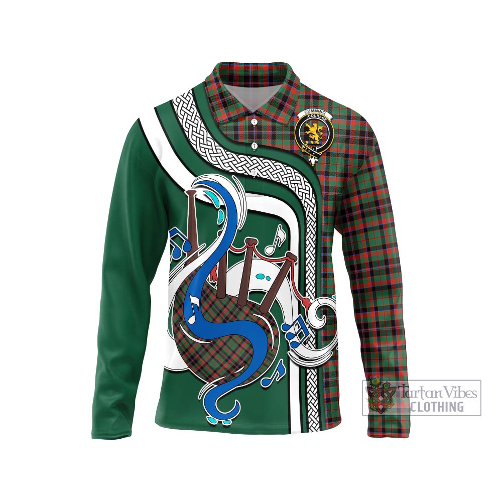 Tartan Vibes Clothing Cumming Hunting Ancient Tartan Long Sleeve Polo Shirt with Epic Bagpipe Style