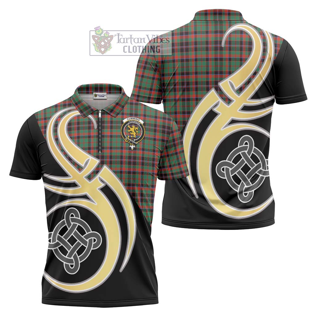 Tartan Vibes Clothing Cumming Hunting Ancient Tartan Zipper Polo Shirt with Family Crest and Celtic Symbol Style