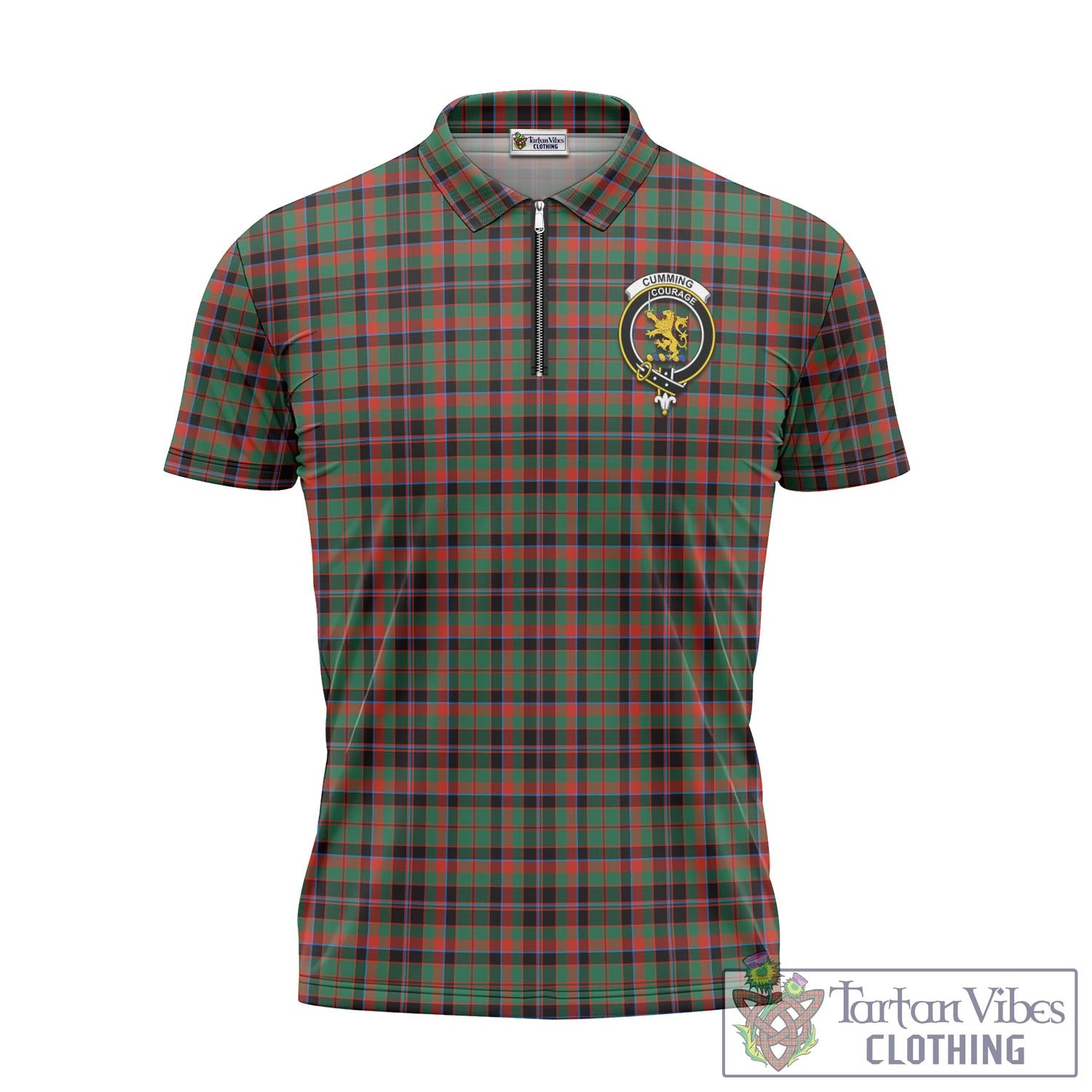 Tartan Vibes Clothing Cumming Hunting Ancient Tartan Zipper Polo Shirt with Family Crest