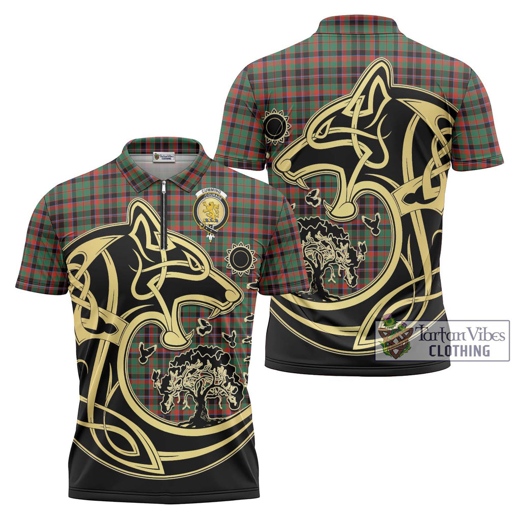 Cumming Hunting Ancient Tartan Zipper Polo Shirt with Family Crest Celtic Wolf Style Unisex - Tartanvibesclothing Shop