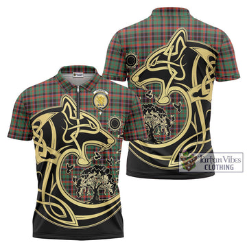 Cumming Hunting Ancient Tartan Zipper Polo Shirt with Family Crest Celtic Wolf Style